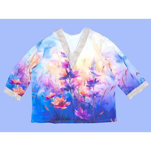 Plus Size 2X Purple Floral Shirt with Crochet Lace Trim